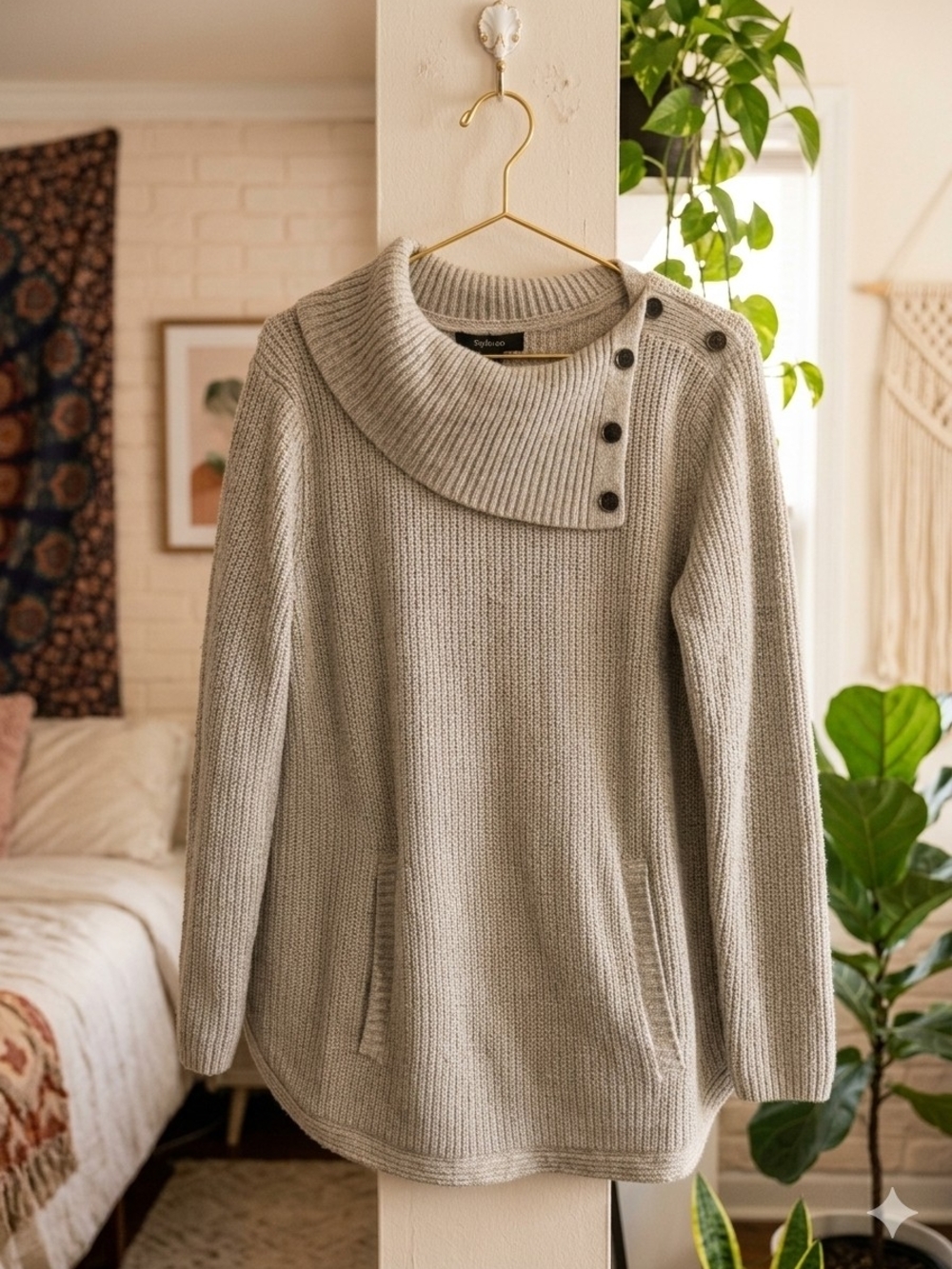 Style & Co. Women's Ribbed Button-Neck Sweater - Light Gray
